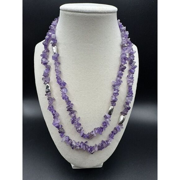 No Brand Jewelry - Amethyst Chip Purple Gem Necklace Sterling Silver Beads Station Long 38” Boho